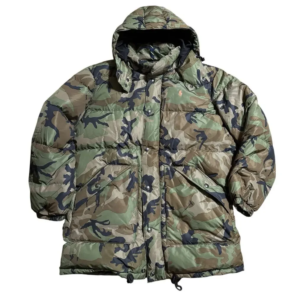Polo Ralph Lauren Camo Down Fill Puffer Hood Detaches Orange Pony Large NEW - Picture 2 of 10